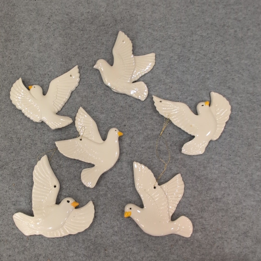 Handcrafted Ceramic White Dove Ornaments Set of 6 Glossy Bird Decor